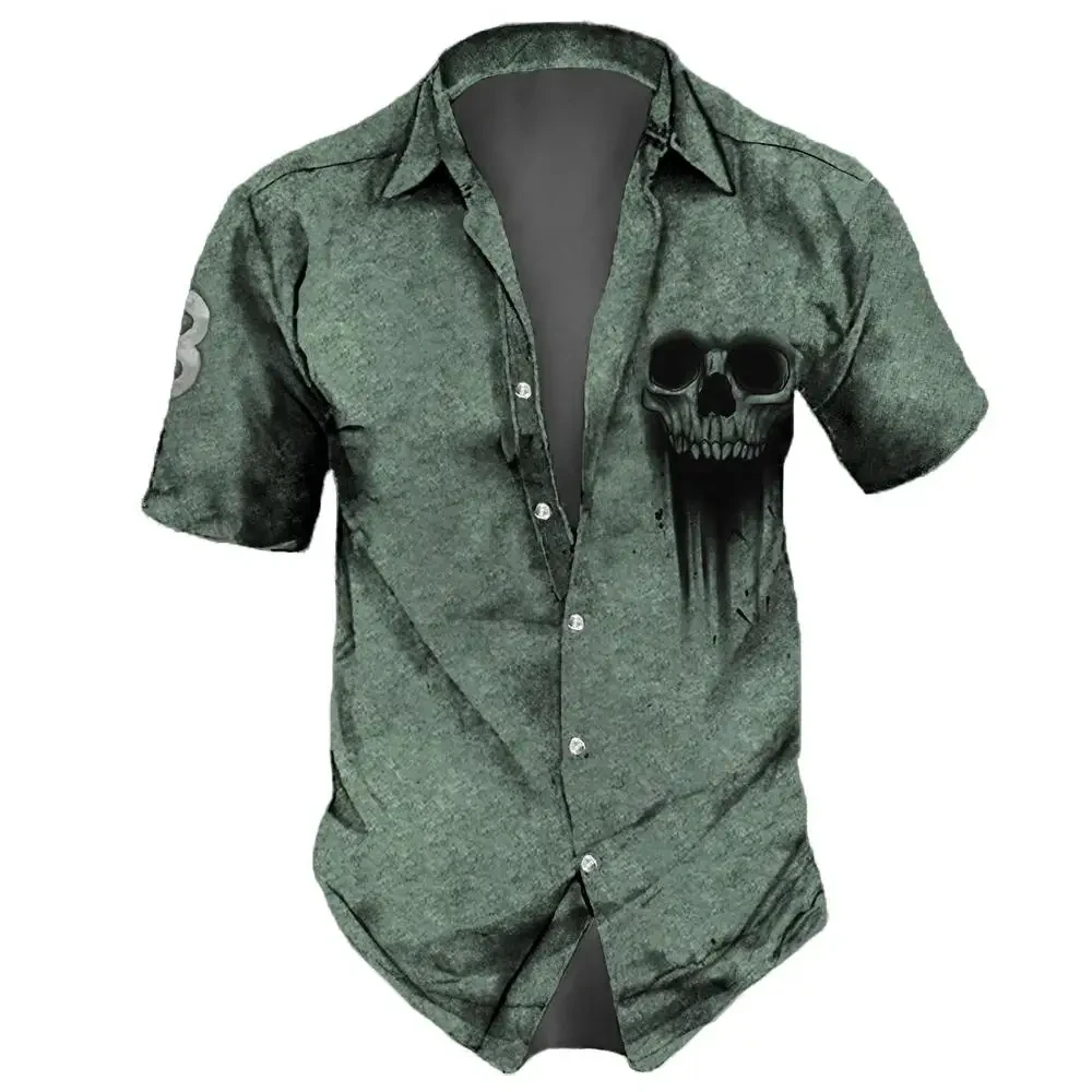 Vintage Herrenhemden Kurzarm-Hemden mit Totenkopf-Aufdruck für Herren, übergroßes cooles Hemd mit Knöpfen, klassische Herrenbekleidung mit Kreuzdruck