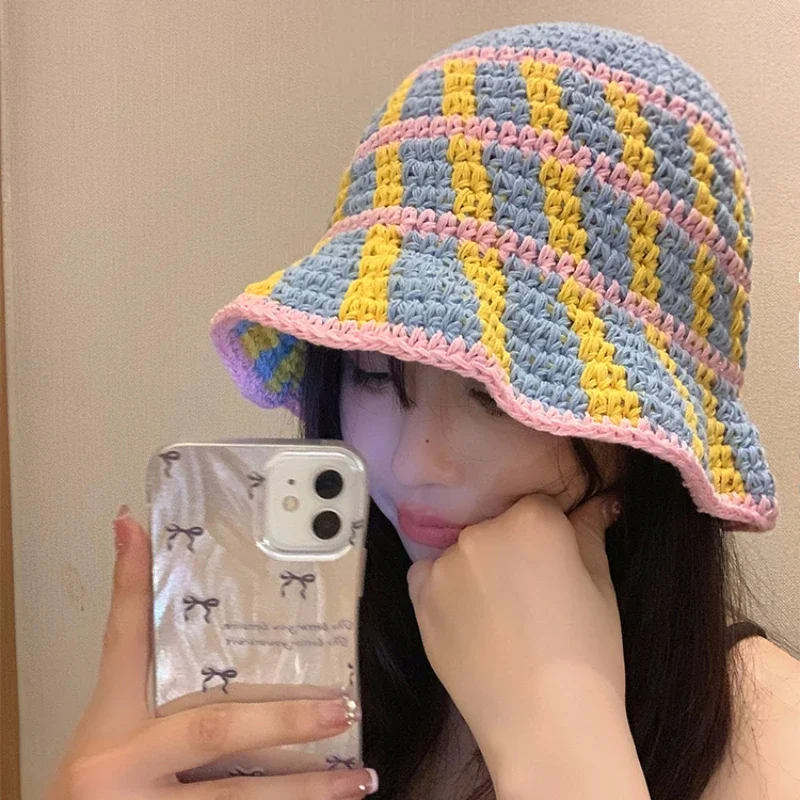 

Japanese Niche Design Handmade Knitted Basin Caps Women Spring and Summer Travel Versatile Sunscreen Breathable Bucket Hats