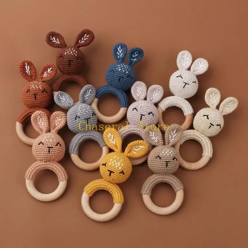 

E7CE Rabbit Crochet Wooden Rings Teething Rattles Amigurumi For Baby Cot Hanging Toy