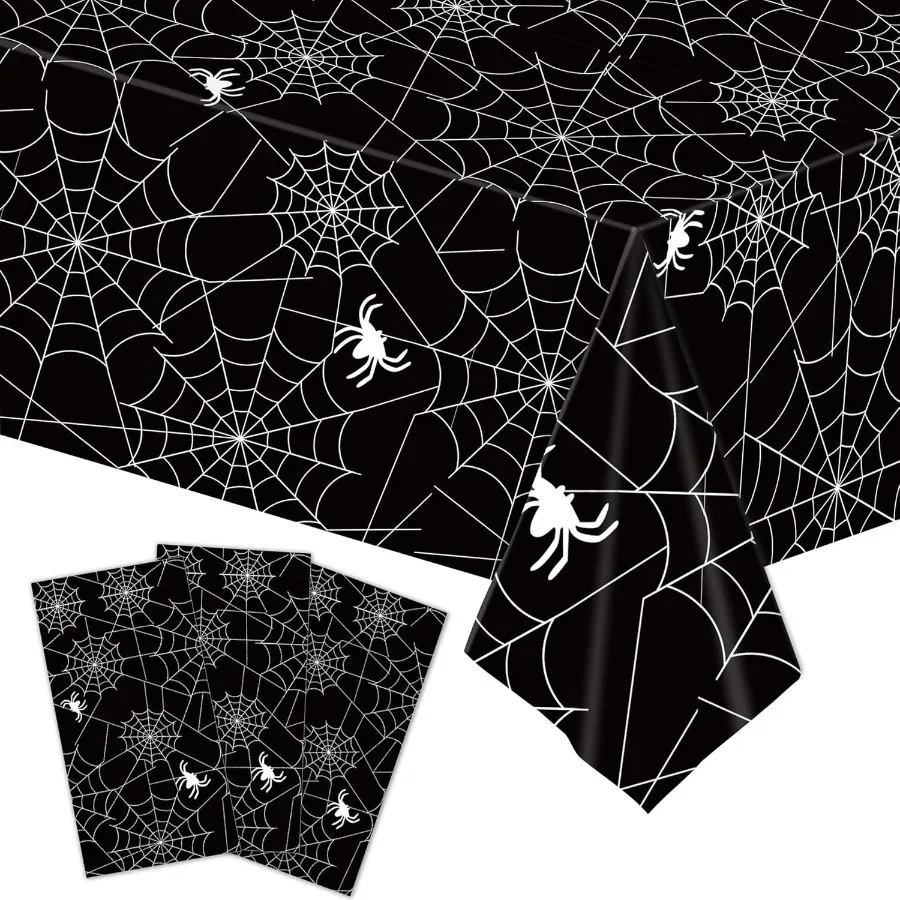 3Piece 54 x 108 Inch Spider Web Plastic Tablecloth Black Spiderweb with Spiders Designs Disposable Rectangle Table Cover for Di