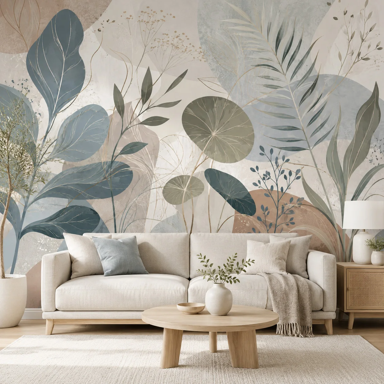 Boho Watercolor Botanical Leaf Wall Mural, Abstract Neutral Plant Wallpaper, Non‑Self‑Adhesive for Living Room Home Decor