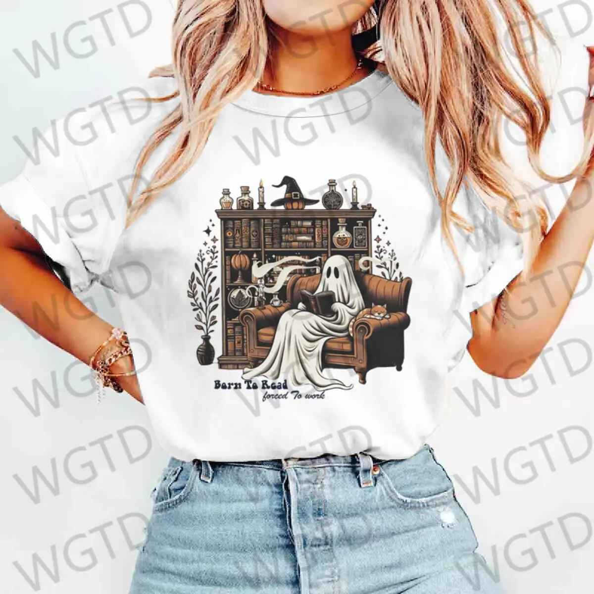 Halloween Ghost Born To Read Forced To Work T-shirts Women Short Sleeve Crewneck Tops Retro Halloween T Shirt Women's Clothing