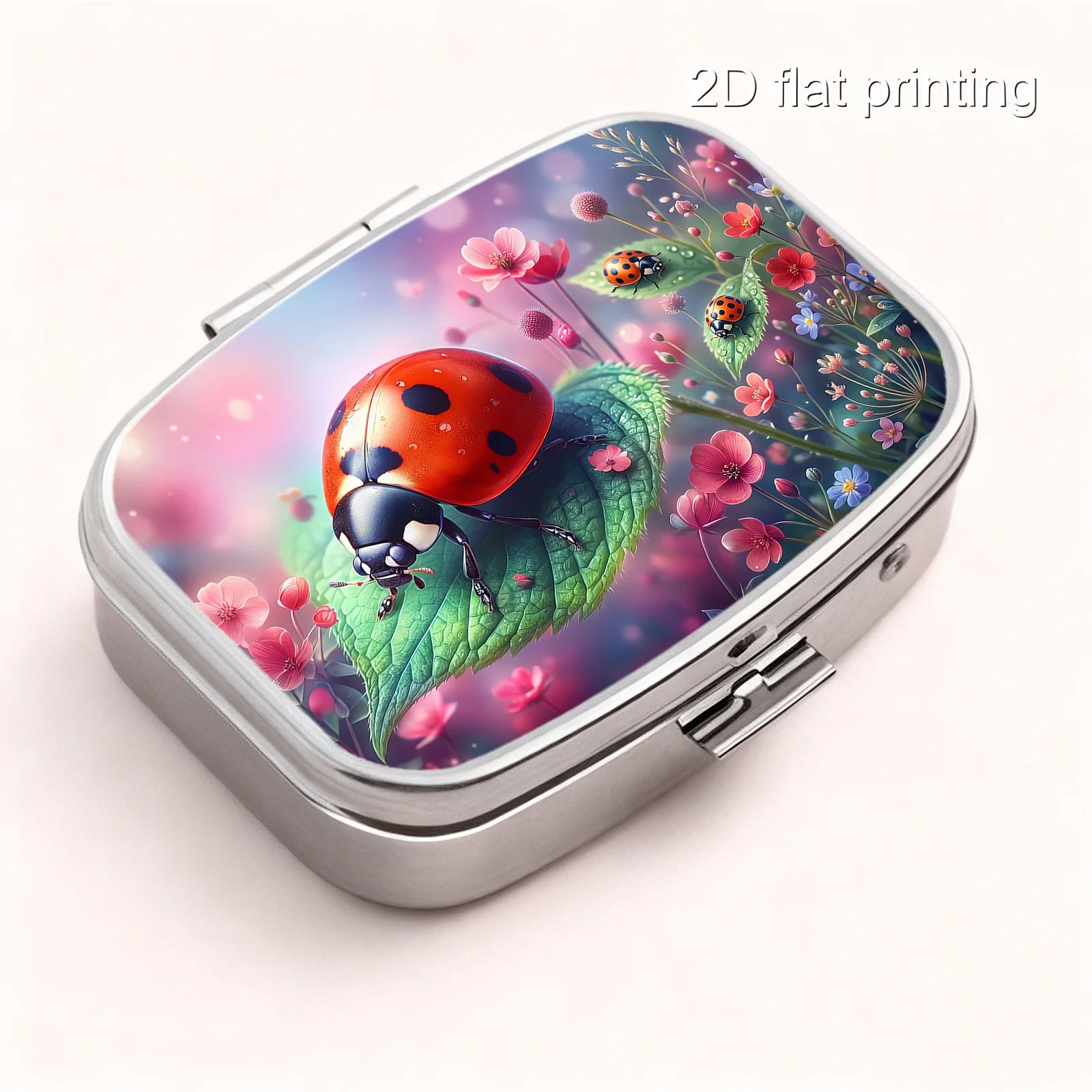 1pc flat printing pill box, decorated with ladybug and floral patterns, in a fresh pastoral oil painting style - portable metal material - suitable for business trips - lightweight and convenient - suitable for various occasions - square two-compartment storage - easy to store - small and exquisite decorative box - small pill box, suitable for all seasons, personal medicine dispenser