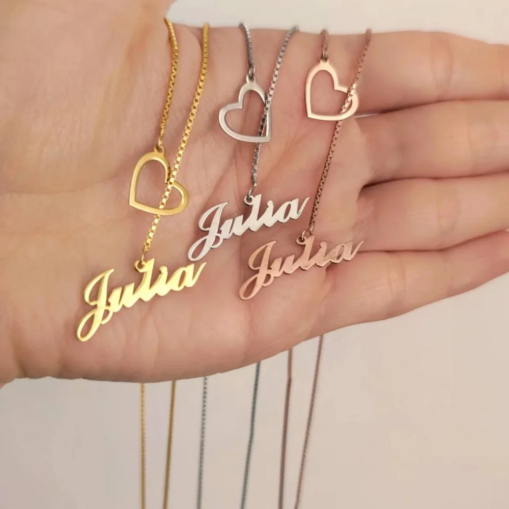 

Custom Box Chain Dainty Name Necklace Personalized Stainless Steel Gold Color Heart Nameplate Y Necklace Women Girl Jewelry