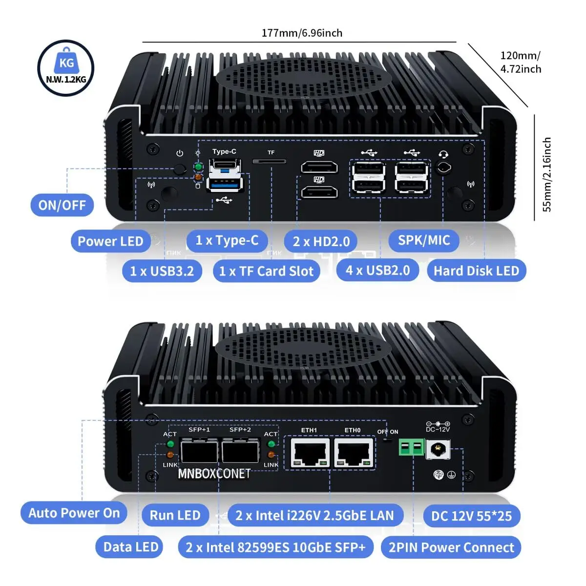 MNBOXCONET 마이크로 방화벽 PC 10GbE SFP N100/N150/N305/N355 2xi226V 2.5GbE LAN 미니 PC 어플라이언스 사무실, 베어본 RAM 없음 SSD 없음