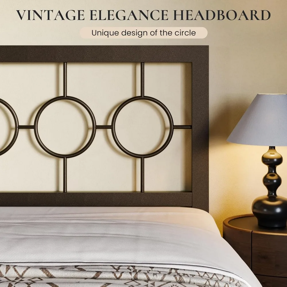 Cadre de lit en métal queen size avec tête de lit circulaire vintage, aucun sommier tapissier nécessaire, assemblage facile de 30 minutes, finition marron sans bruit