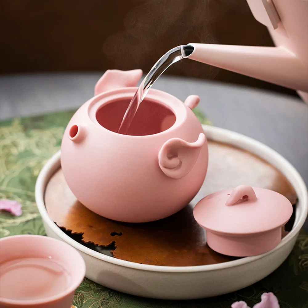 Handmade Yixing Purple Clay Xishi Tea Pot Pink Pig Shaped with Ball Hole Filter Zisha Tea Set Includes Kettle And Tea Cup