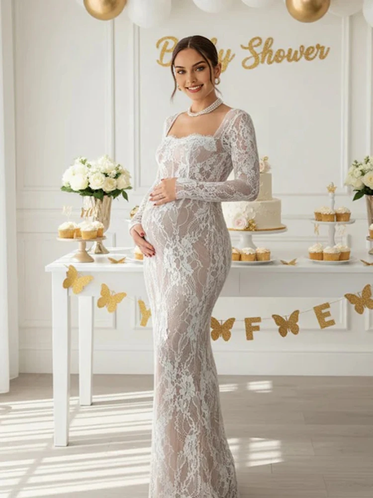 Vestido de encaje para sesión de fotos de maternidad, vestido largo transparente de manga larga, traje elegante para embarazo, ropa para revelar el género para Baby Shower