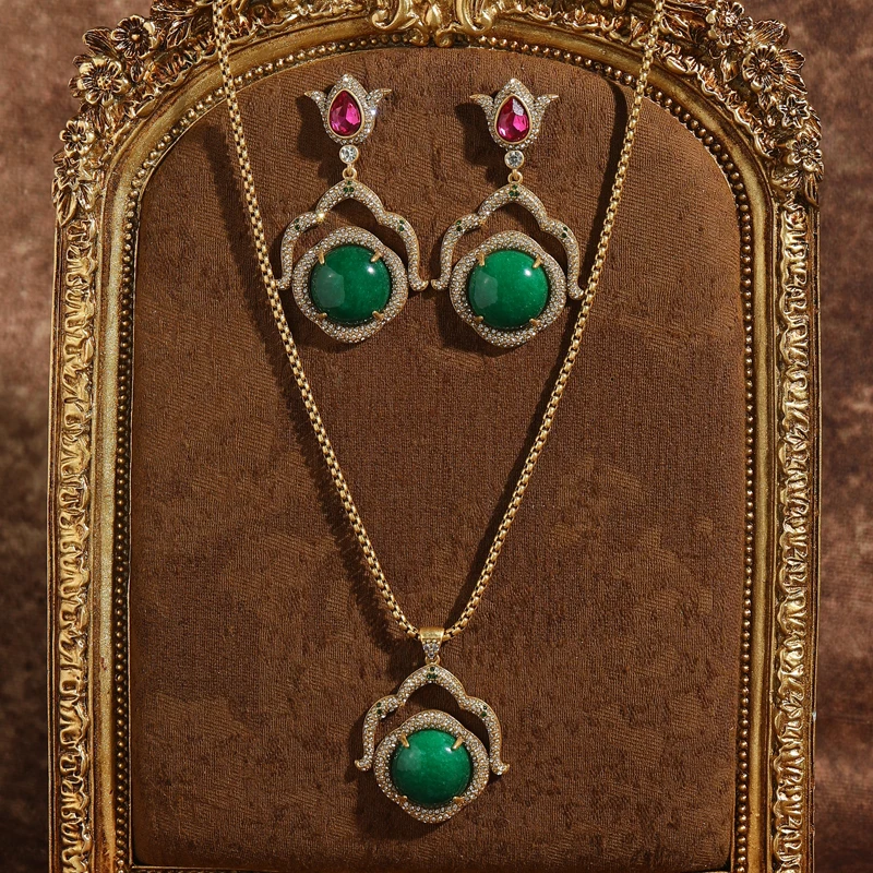 

Vintage Malachite Jewelry Sets Engagement Pink Crystal Gold Color Pendent Necklace Drop Earrings 2026 For Woman High Accessories