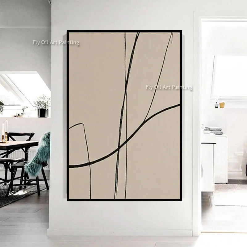 تصميم عصري كبير باللون البني والبيج الفني مصنوع يدويًا بخط أسود أصلي جديد وبيج لوحة زيتية بسيطة على قماش ديكور للغرفة