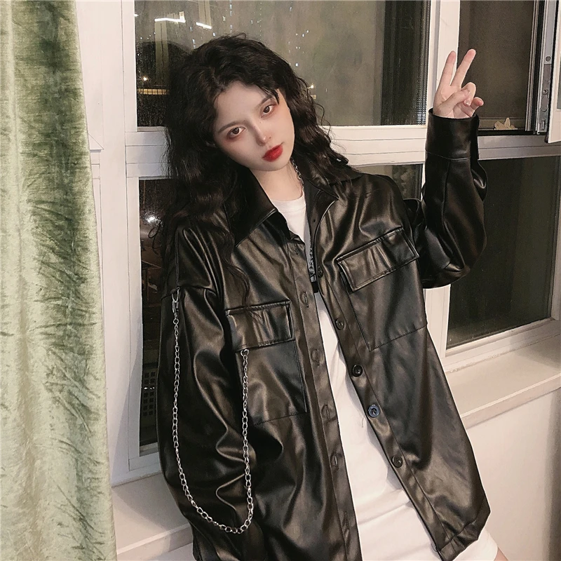 Japonês casual feminino solto jaqueta de couro moto outerwear coreano high street coat chic streetwear manga longa preto de couro topos