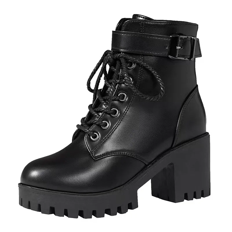 2024 Winter PU Leather Women Winter Boots Thick Wool Warm Women High-heeled Boot High-quality Female Snow Boots Women Shoes