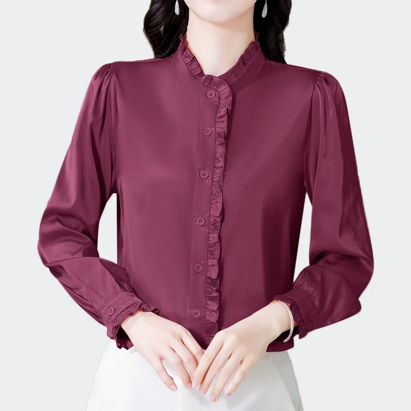 

Chic Ruffles Long Sleeve Satin Shirts Women Office Lady Solid Blouses Basic Tops Blusas Mujer De Moda 2025
