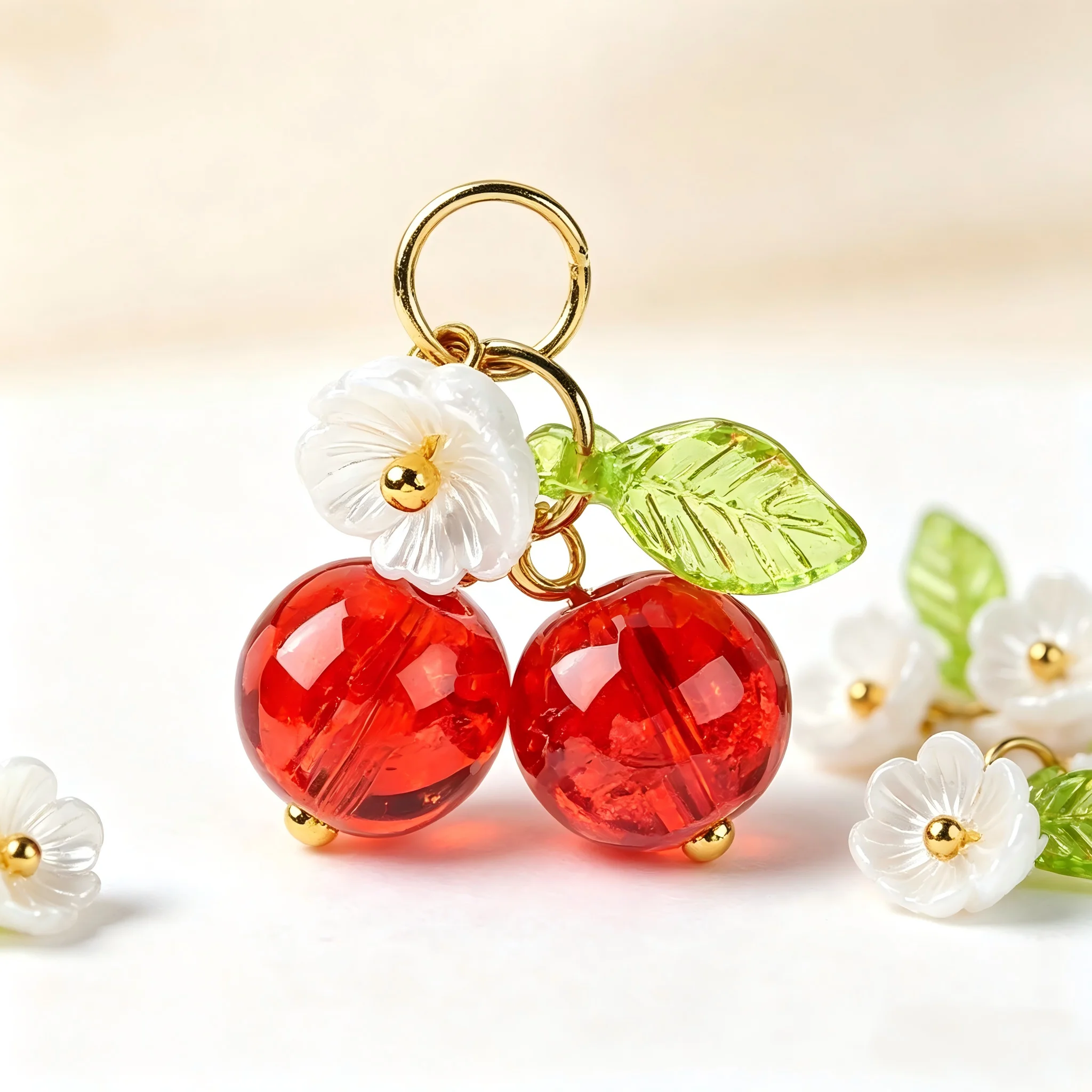 45pcs Fruit Red Cherry Glass Pendants Flower Leaf Decor Dangle Charms Handmade for DIY Jewelry Bracelet Necklace Making Crafts