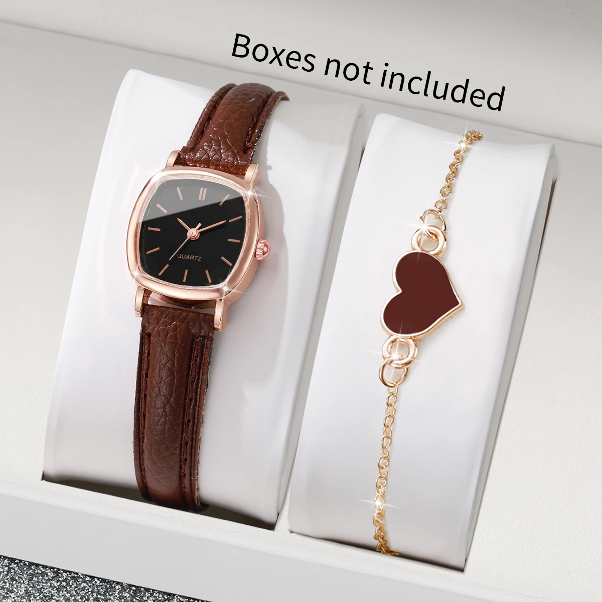 2PCS Fashion Small Dial Women Watches Heart Bracelet Set Leather Band Quartz Watch Reloj Mujer Girls Clock Gift（Without Box）