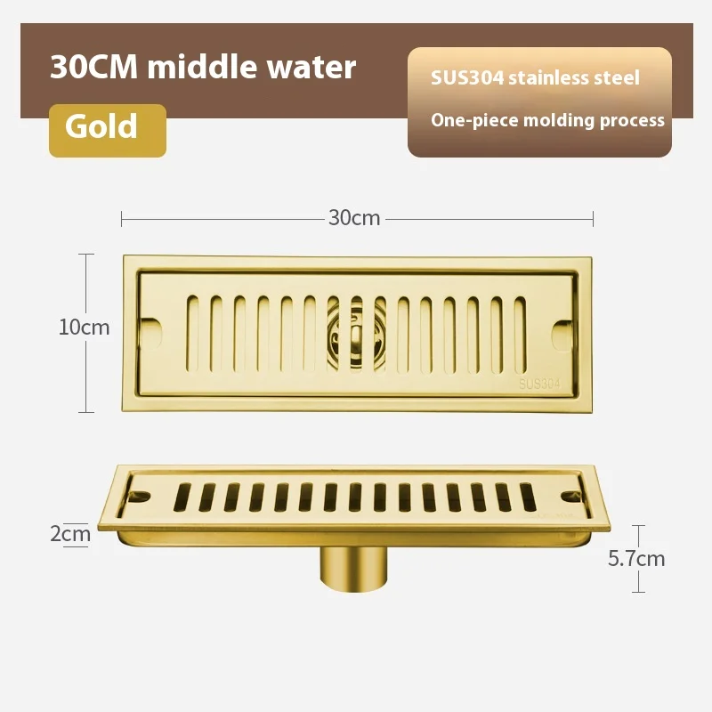Gold 304 stainless steel long floor drain shower room large displacement engineering floor drain extended anti odor strip