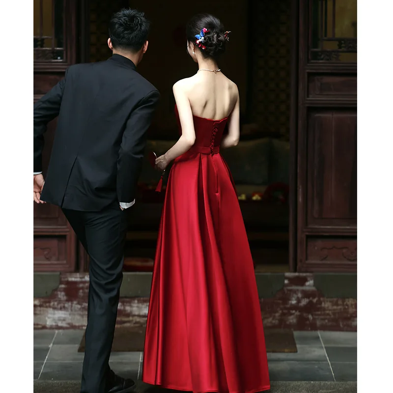 TOAST Odzież Nowa winna czerwona sukienka zaręczynowa Ślubna wysokiej jakości lekka luksusowa satynowa koszulka bez ramiączek