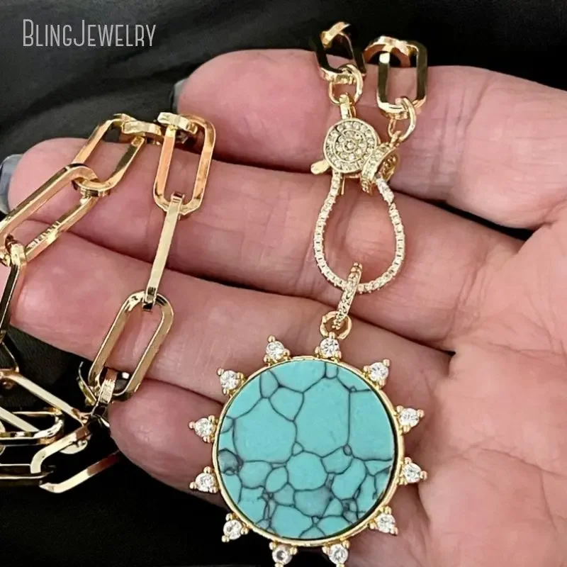 10pcs Carabiner Paperclip Chain Necklace Turquoise Howlite Pendant Spiked CZ Bezel Micro Pave Lobster Clasp Jewelry