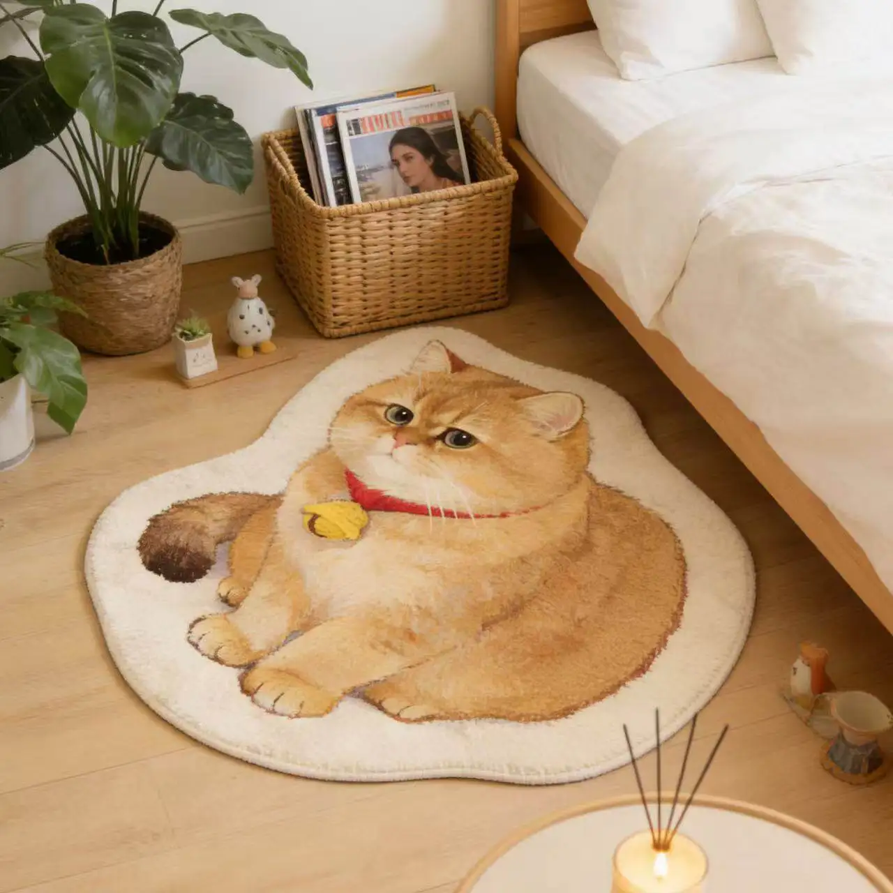 VIKAMA Chubby Orange Cat Bell Shaped Rug Non Slip Washable Plush Floor Mat Lovely Kitten Bedroom Bedside Decor Carpet