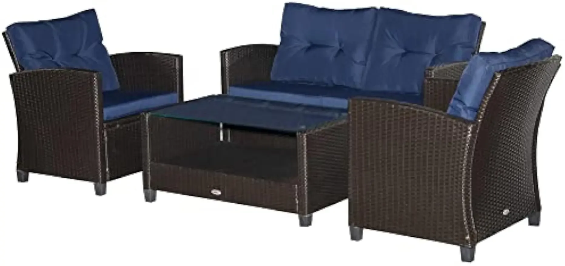 4 Pieces Patio Furniture Sets with Cushions, PE Rattan Wicker Conversation Chairs W/Two-Tier Coffee Table, Blue