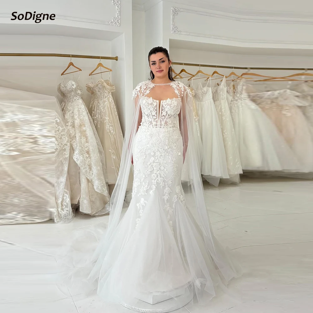

SoDigne Mermaid Tulle Wedding Dress Sleeveless Appliques Bride Dresses Long Bridal Gowns with Cape Robe De Mairee Customized
