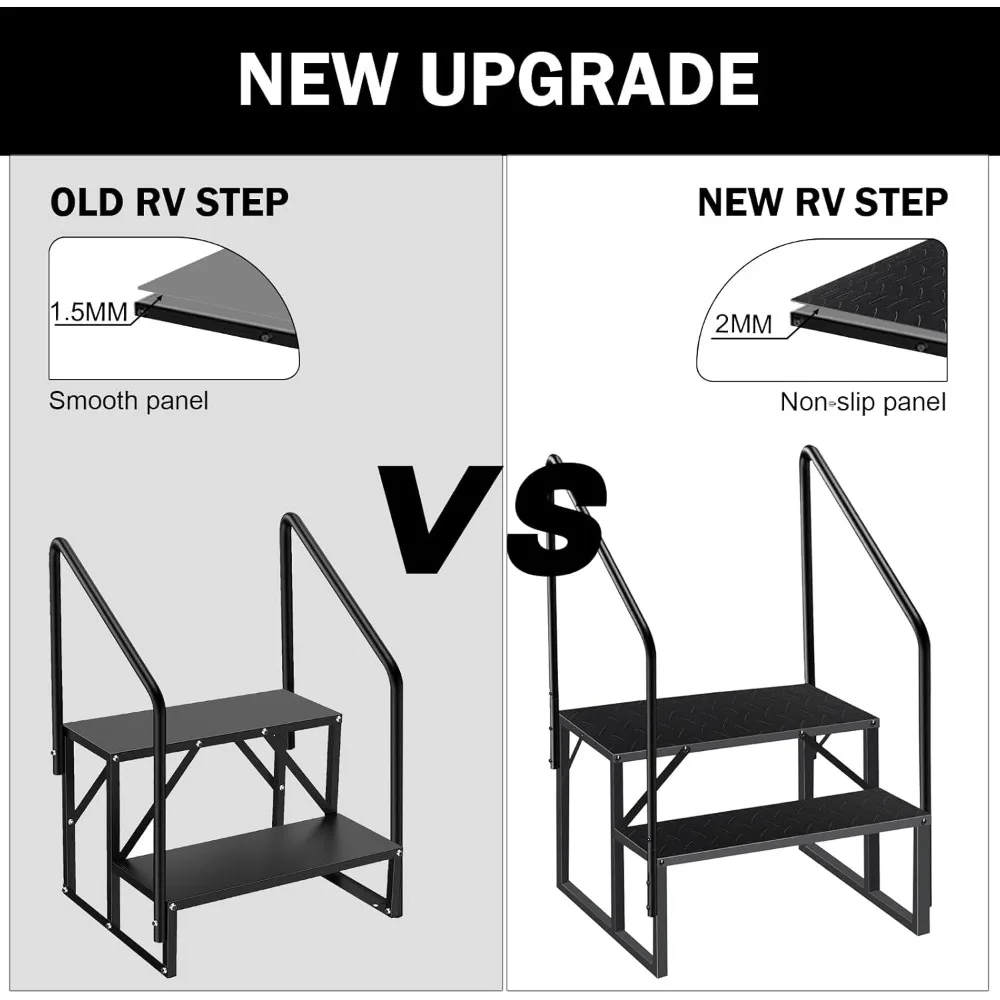 خطوات RV مع درابزين، سلالم RV بخطوتين سعة تحميل 660 رطل، سلم متدرج مع لوحة مضادة للانزلاق، سلالم منزلية متنقلة للسفر #2