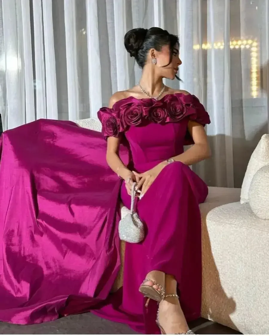 

Saudi Arabia Fuchsia Women Evening Dresses Off The Shoulder Prom Dresses Floor Length Flowers Wedding Party Gowns