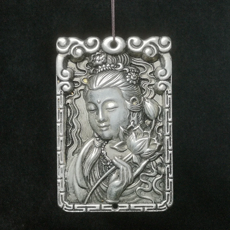 YIZHU CULTUER ART Size 2.8 Inch Collection China Tibet Silver Handmade Avalokitesvara Statue Amulet Necklace Ornament Gift