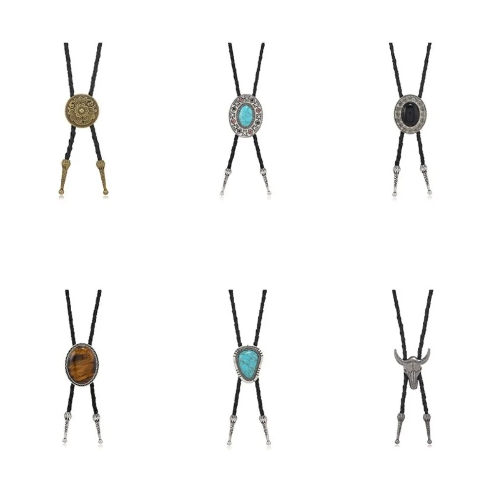 Personality Vintage Artistic Bolo Tie Necklace Turquoise Inlaid Antique Silver Vintage Turquoise Pendant Personality Round Disc
