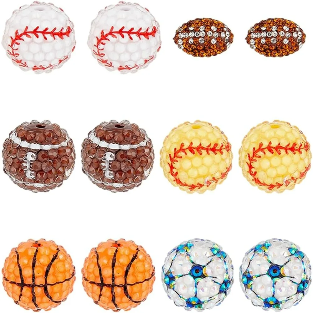 

18Pcs 6 Styles Sports Rhinestone Beads 20mm Disco Ball Clay Charms Resin Round Basketball Football Baseball Rugby Bubblegum