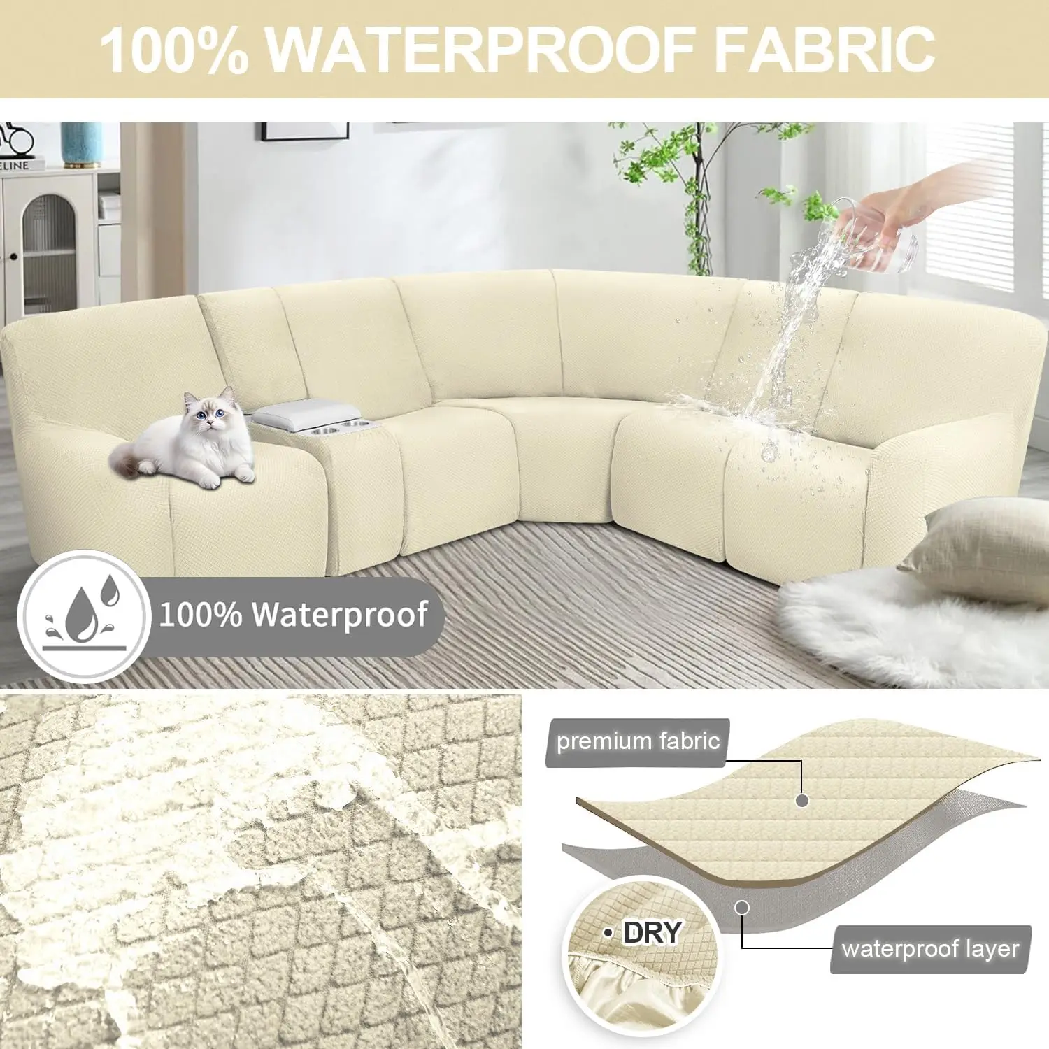 Housse de canapé sectionnelle inclinable et imperméable, extensible, en forme de L, lavable, protection pour chien de compagnie, 5 places, 1 Console, Beige