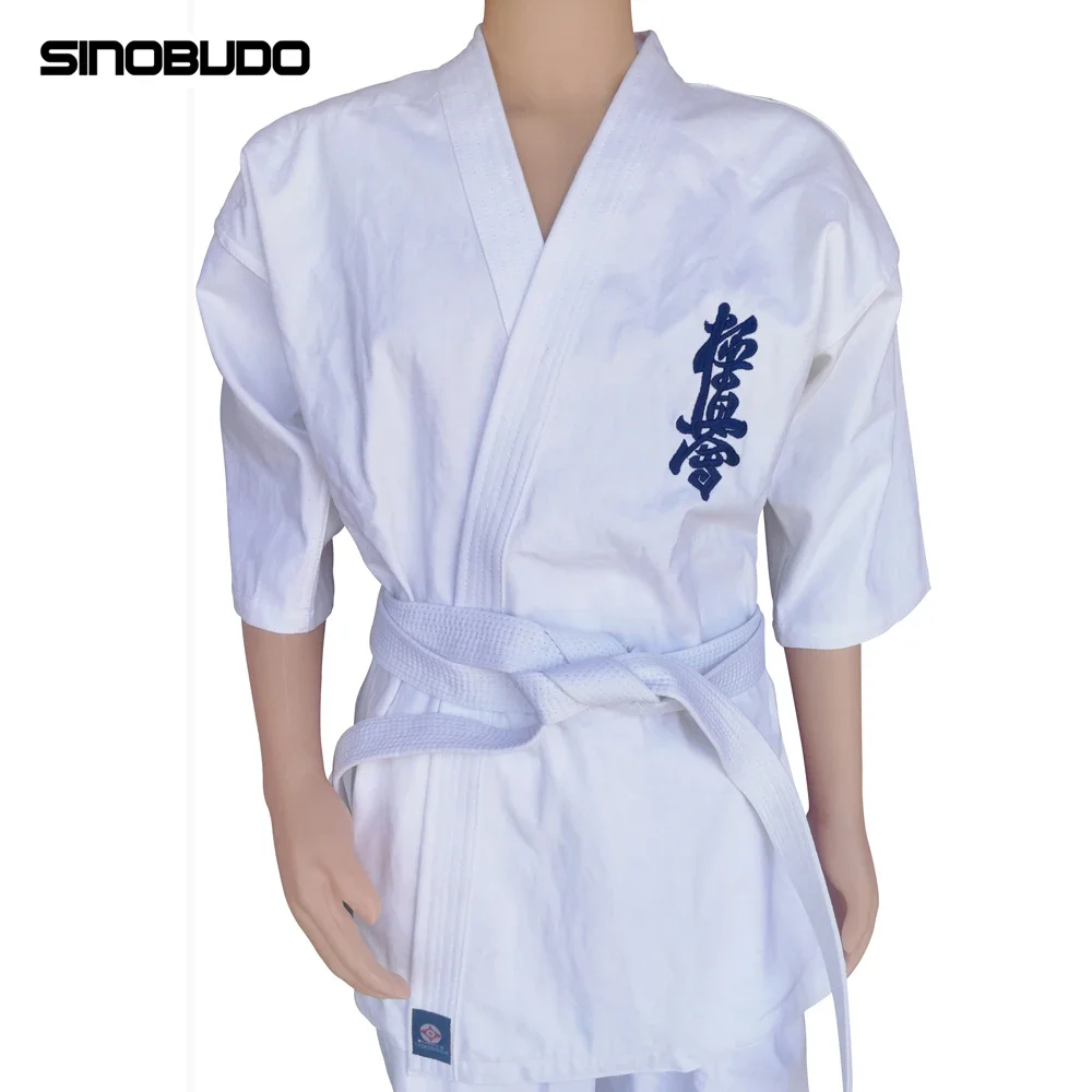 Alta calidad Kyokushinkai Dobok 12oz 100% algodón dogi lona uniforme de Karate Kimono Gi tela para niños adultos, cinturón blanco gratis