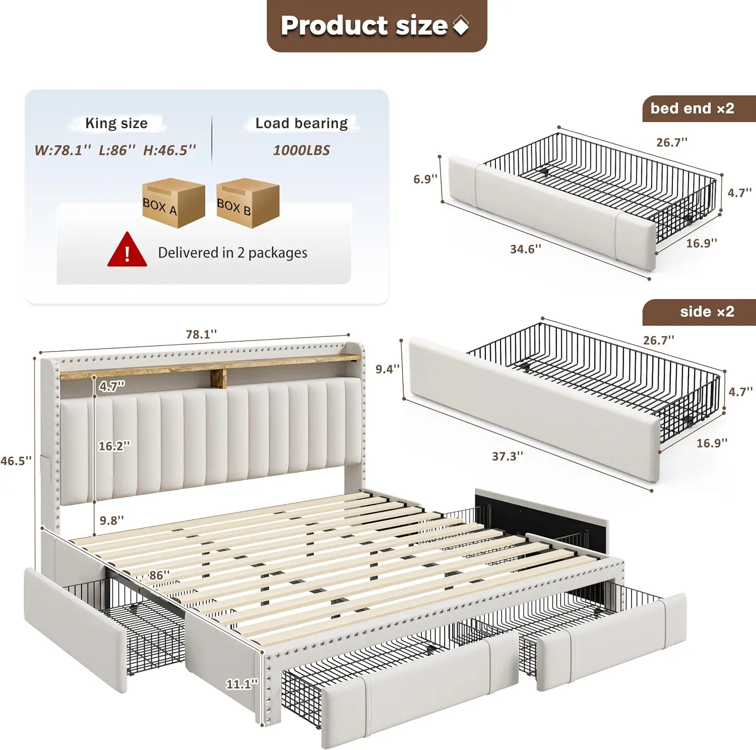 Kingsize-Bettgestell mit 4 Sch – King Size Bed Frame With Storage Drawers Bewertung und Preis