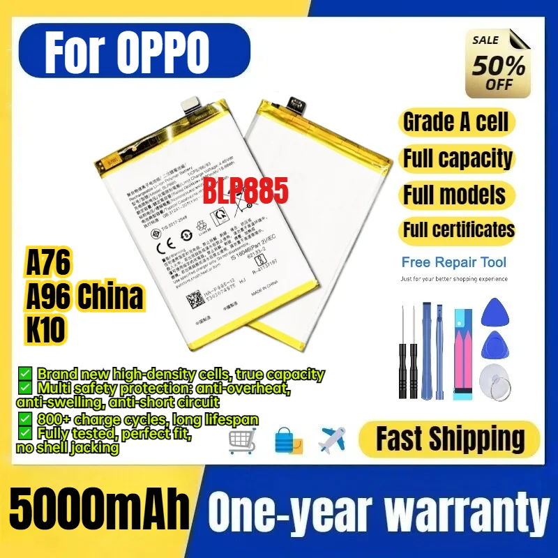 BLP885 for OPPO A76/A96 China/K10 Phone Battery 0 Cycle  High Capacity Battery Replacement Bateria Grade A Cell with Tools