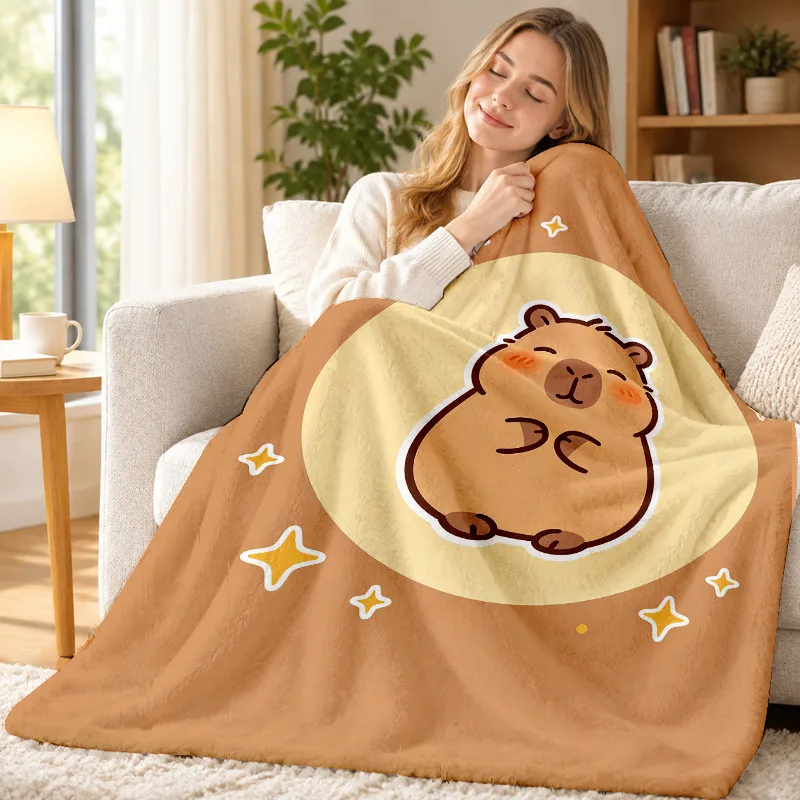 Sweet Capybara Throw Blanket Chubby Capybara Moon Star Cartoon Print Soft Flannel for Kids Room Sofa Lap Home Decor Gift