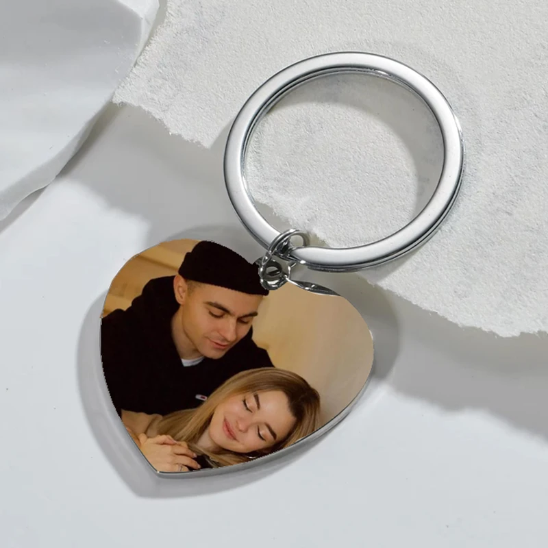 Auxauxme Personalized Custom Photo Names Heart Keychain Stainless Steel Engrave Picture Keyring Chritmas Halloween Jewelry Gift
