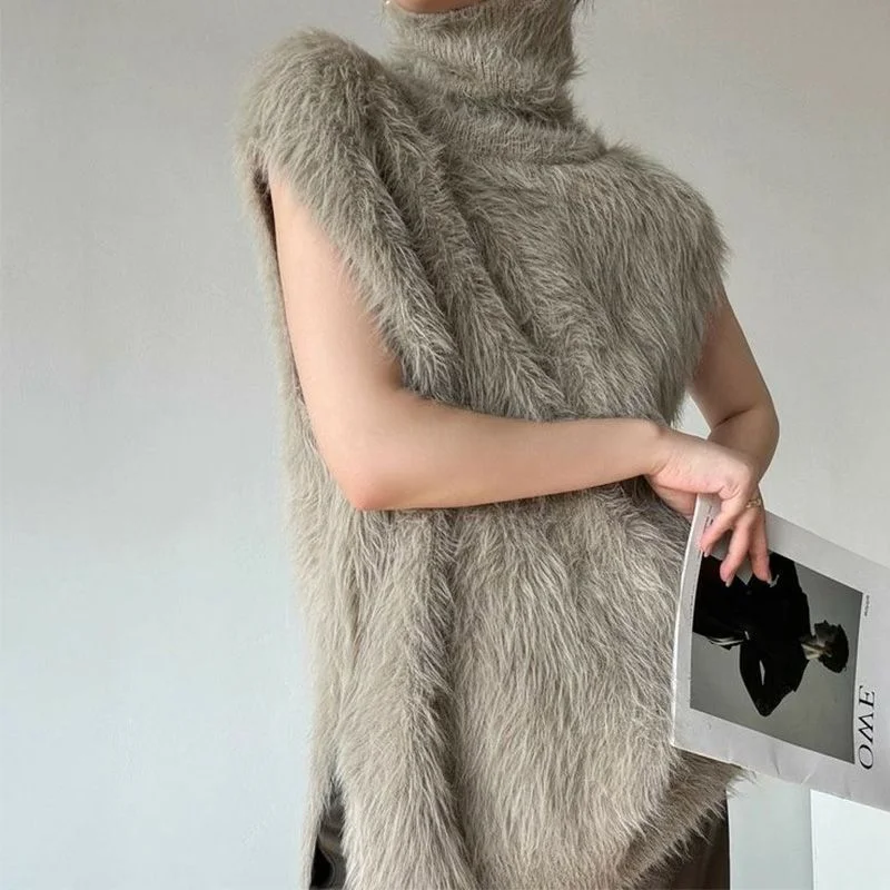 하이넥 니트 인조 밍크 퍼 스웨터 여성 가을 겨울 루즈핏 레이지 스타일 베스트 패셔너블 민소매 다용도 탑 트렌디