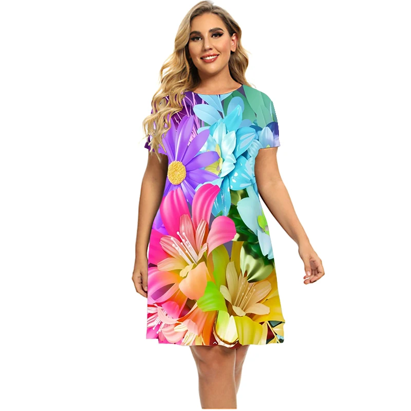 Flower Power Gradient Print Women Dress Elegant Sweet Casual Short Sleeve A-Line Dress Summer Fashion Ladies Plus Size Clothing