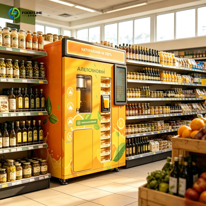 Fresh Orange Juice Vending Machine, Cyrillic-Logo Juicer with High-Visibility Green Lettering, Eye-Catching for Expo Hall