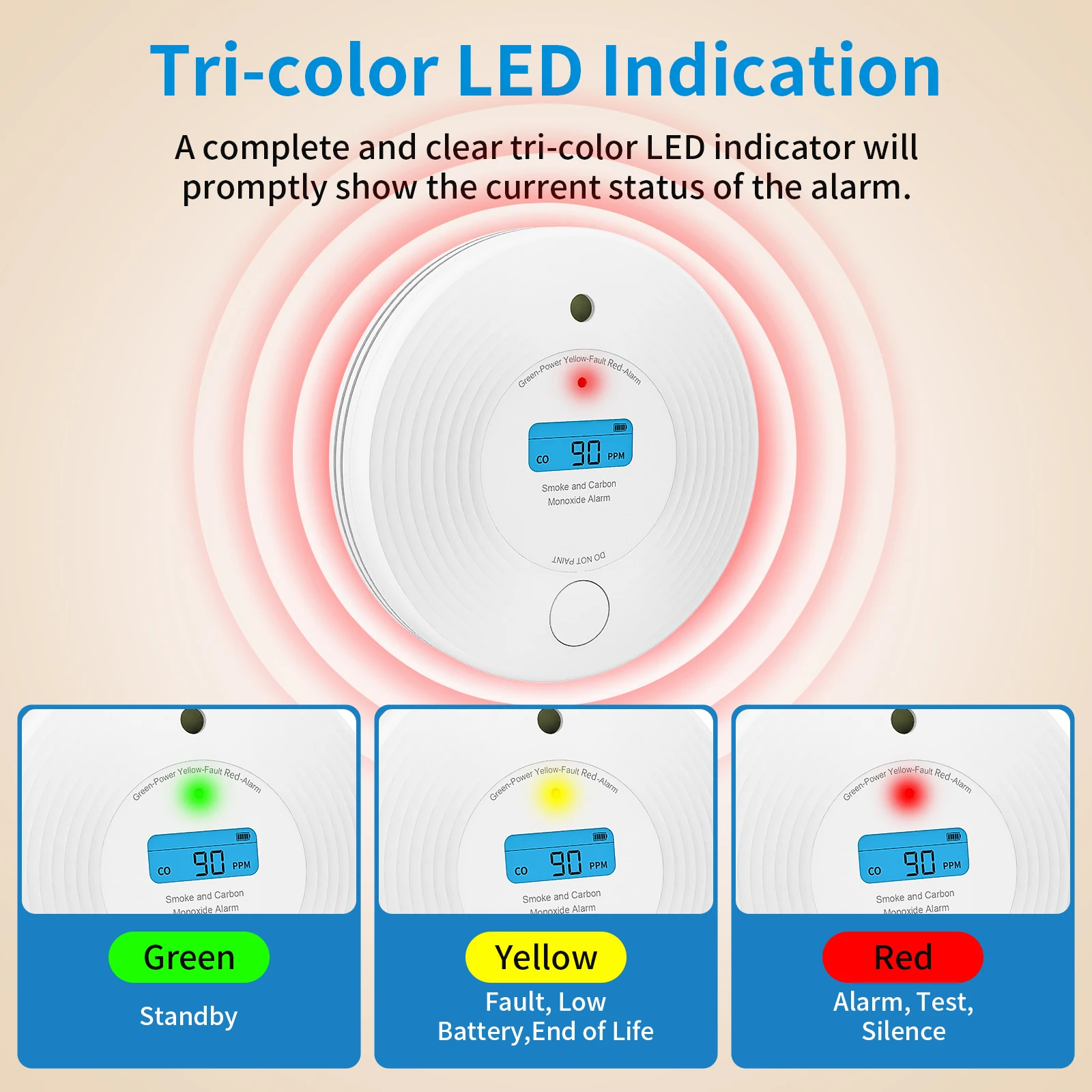 Combo detector de CO e fumaça, alarme de incêndio, alarme de fumaça e alarme de monóxido de carbono 2 em 1, com bateria de 10 anos e display LCD