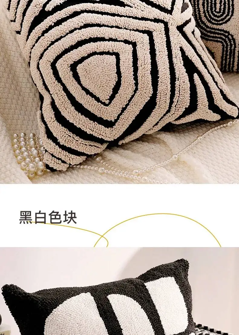 Luxuriöser französischer Stil Schwarz-Weiß Dekokissenbezug Chenille Boho Weiche Moderne Kissenhüllen für Sofa- und Bettdekoration – Detail 4