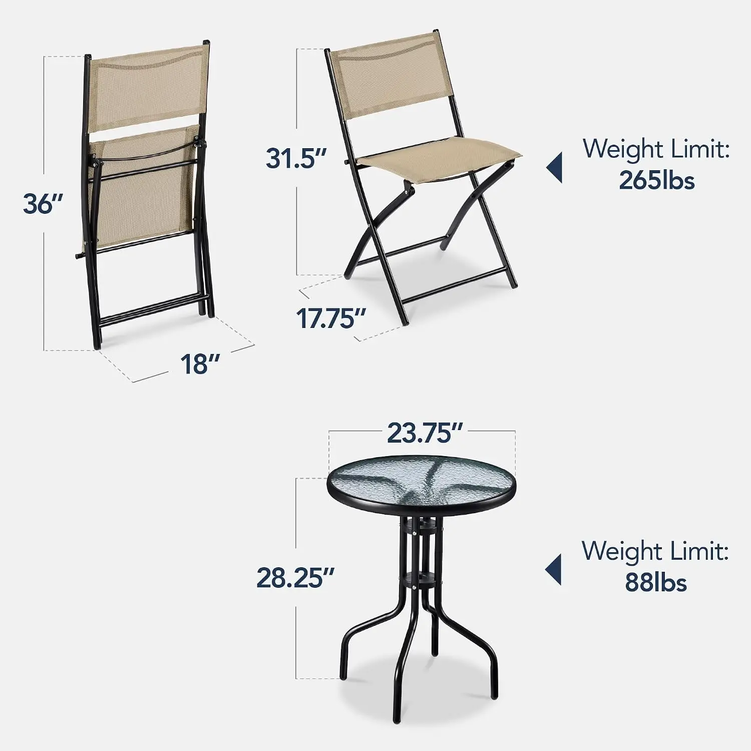 3-Piece Patio Bistro Dining Set w/Textured Glass Tabletop, 2 Folding Steel Chairs, Polyester Fabric, Customized