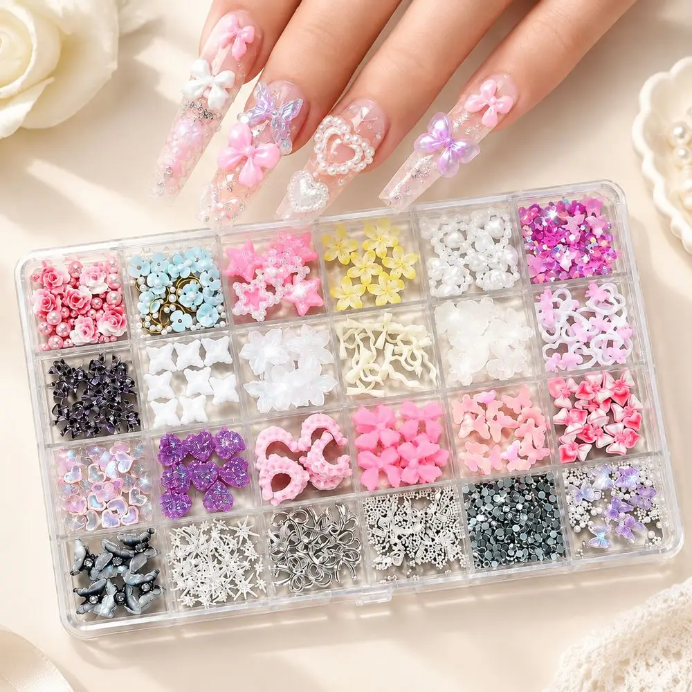 24Grids 3D Resin Nail Decorations Mixed Box Flower Bow Heart Star Butterfly Moon Pearl Rhinestone Nail Charms for Nails Decor
