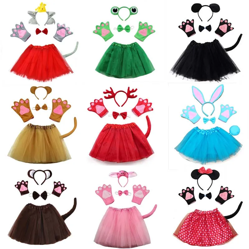 Kids Cartoon Meisjes Dier Kostuum Konijn Muis Aap Beer Wolf Kikker Vos Varken Handschoenen Hoofdband Tutu Jurk Halloween Party Cosplay