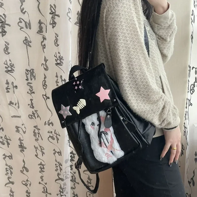 MBTI Y2k Womens Backpack Black Cute Cat Patchwork Casual Fashion Pu Leather Backpack Popular Designer Gothic Kawaii Female Bag