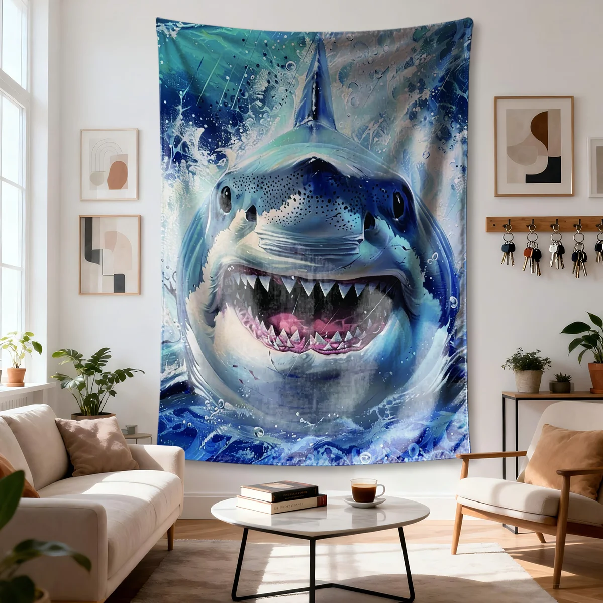 Large Great White Shark Ocean Tapestry Blue Deep Sea Marine Life Wall Hanging Art Decor Tropical XL