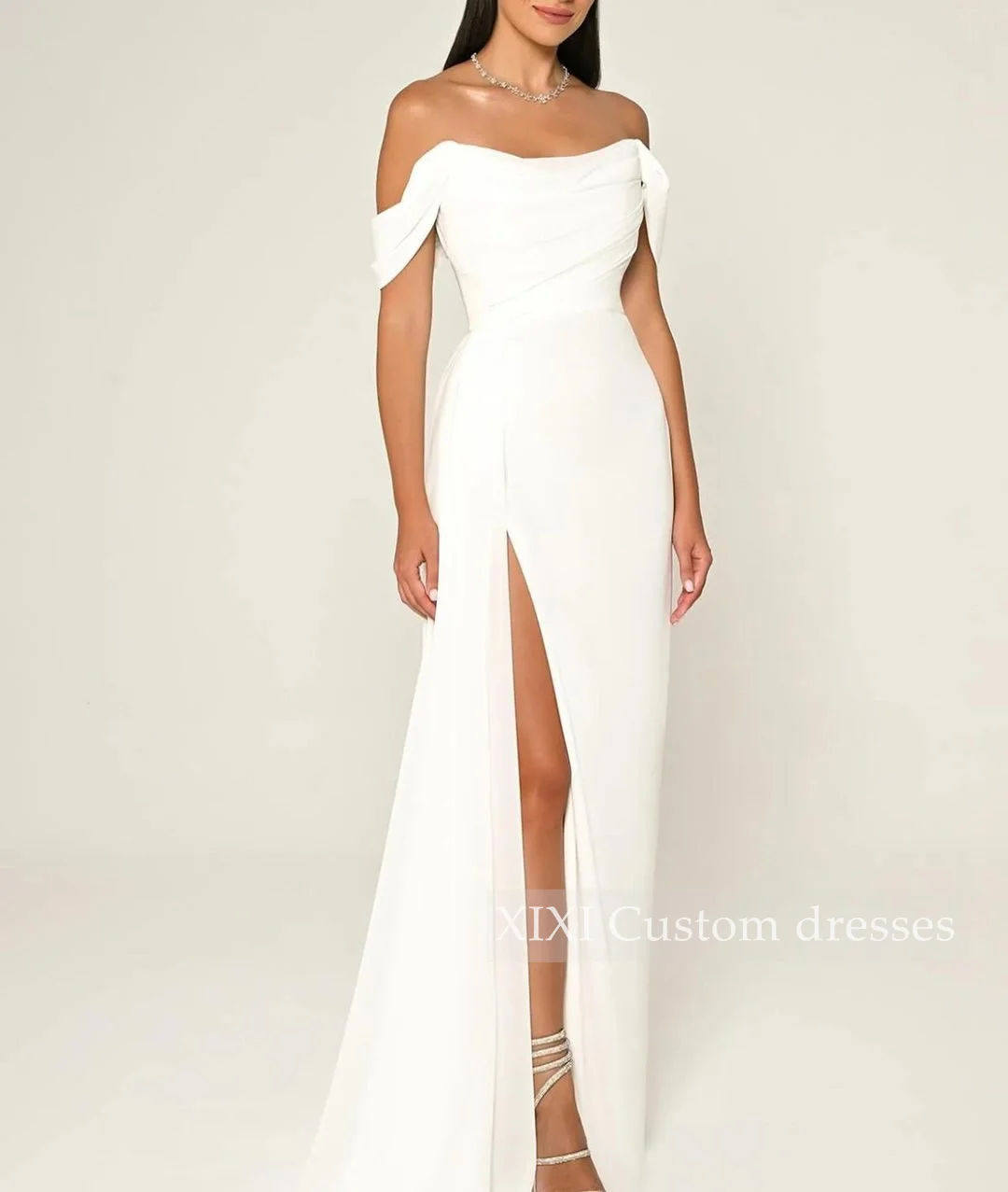 فستان سهرة XIXI A-Lin بفتحة عالية على الكتف بخط العنق بطول أرضي كشكش بسحاب فساتين لحفلة موسيقية Vestidos De Festa #5