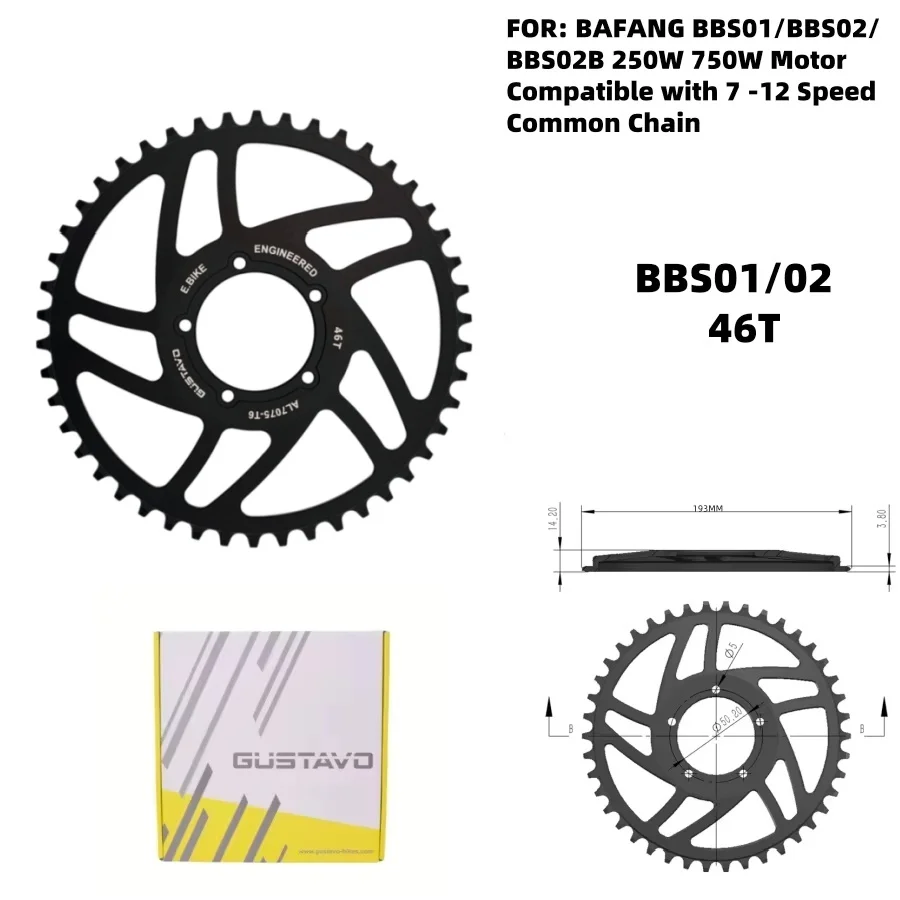 GUSTAVO E-Bike Kettenblatt für BAFANG BBS01 BBS02 Mittelmotor Kettenrad 36/38/40/42/44/46/48/52T Kettenblatt – Detail 10