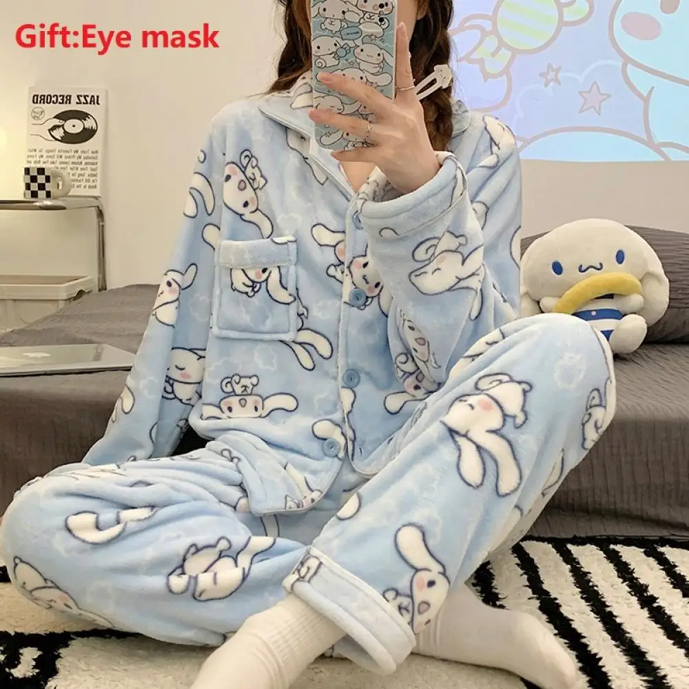 Cartoon My Melody 2Pcs Plush Pajamas Set Hello Kitty Sanrioed Women Coral Velvet Pajamas Kawaii Autumn Homewear Thicken Girls