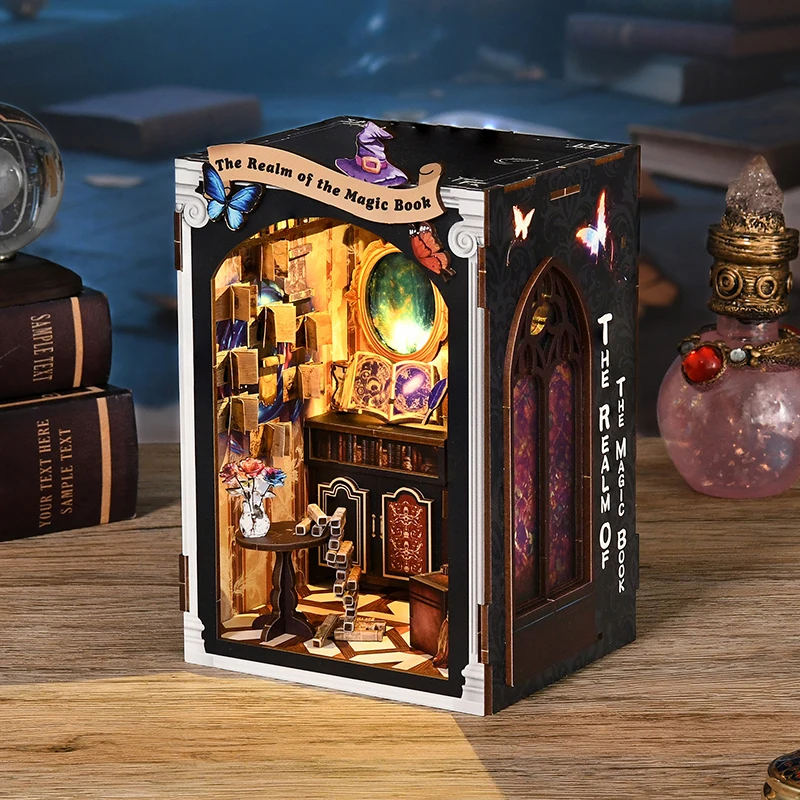 Diy livro nook kit de madeira casa boneca caso estatuetas em miniatura casa de bonecas estante inserção decoração casa 3d puzzle brinquedo presente natal